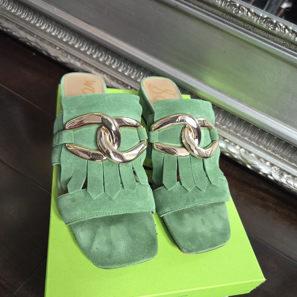 Sam Edelman Green Suede Mules with Gold Chain
